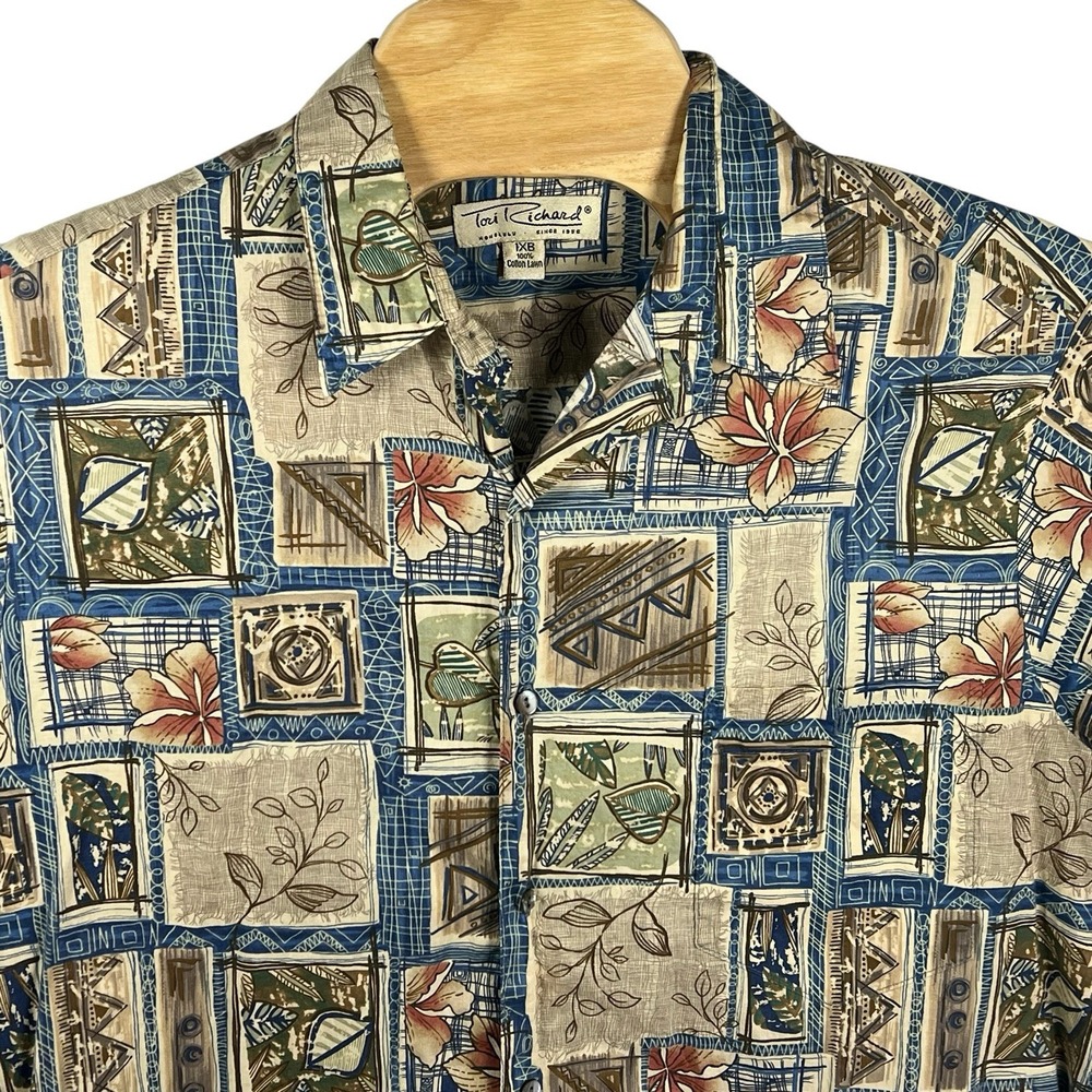 Tori Richard Men 1XB Cotton Lawn Brown Floral Window Pane Hawaiian Shirt‎